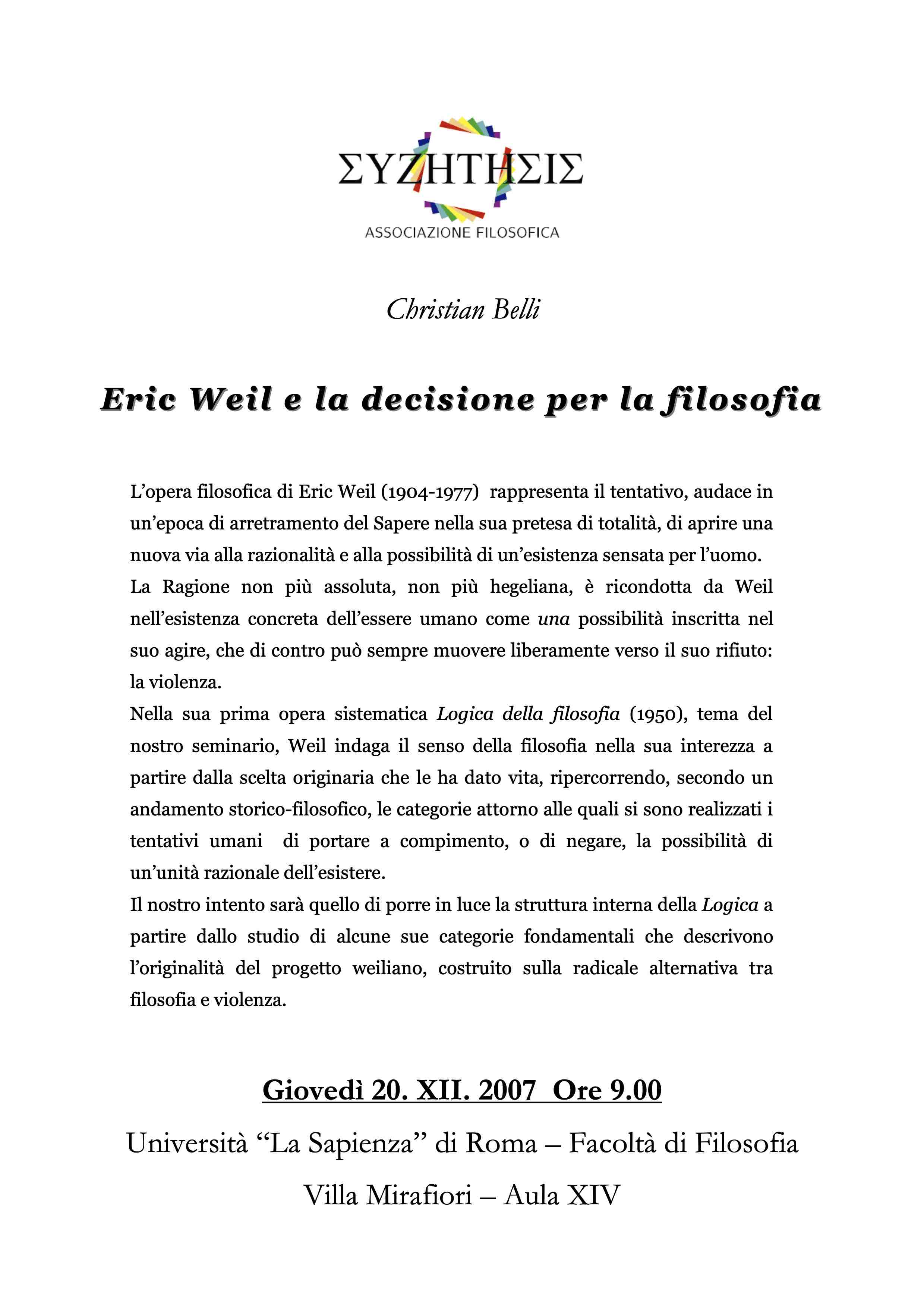Eric Weil e la decisione per la filosofia