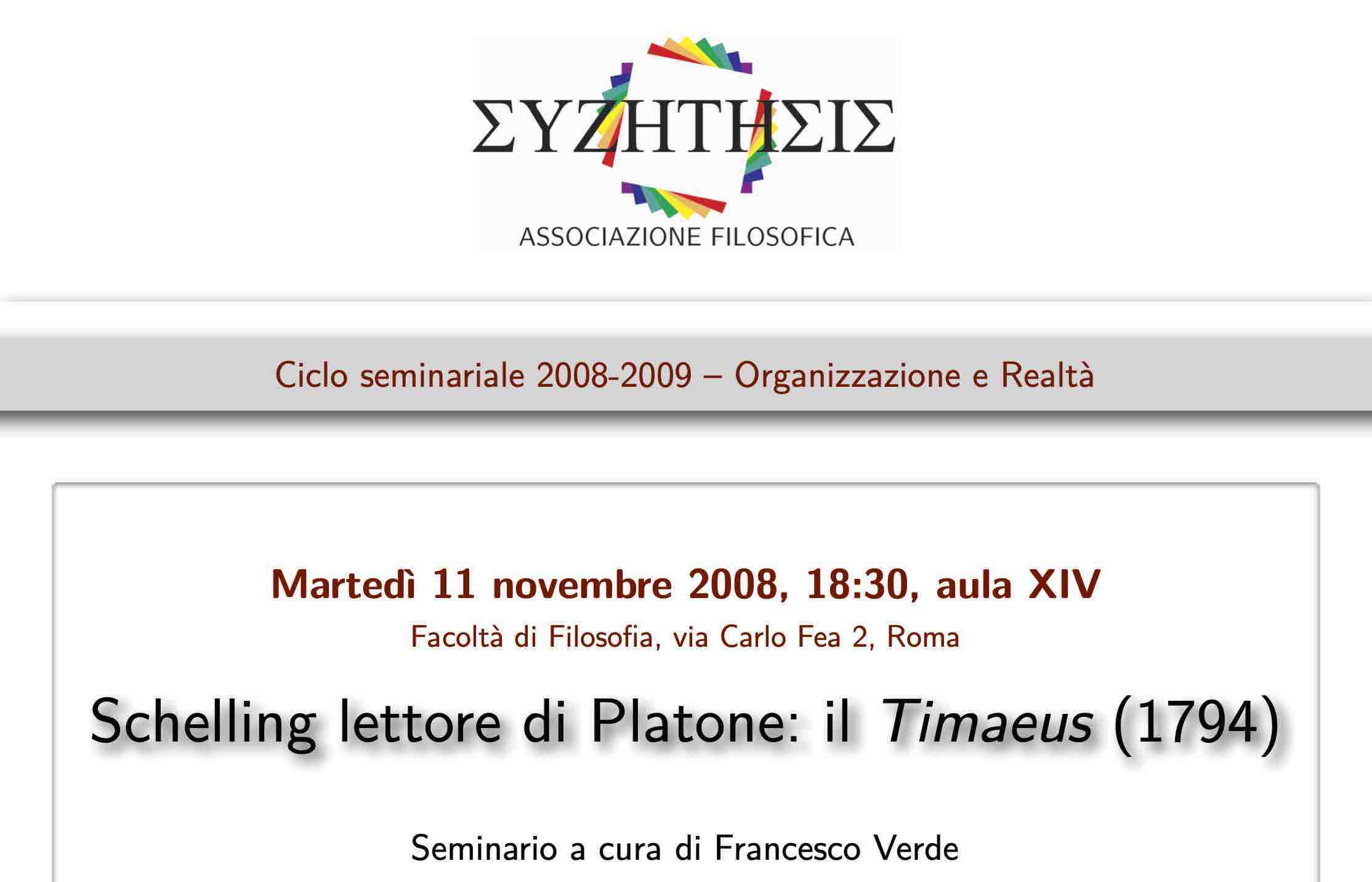 Locandina, dettaglio Schelling lettore di Platone: il Timaeus